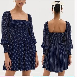 Hill House The Grace Nap Dress Navy Polka Dot Smocked Blouson Sleeve size M